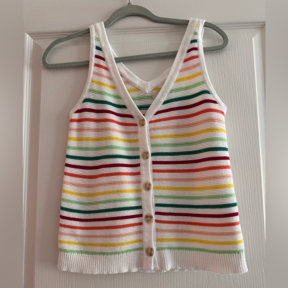LOFT Multicolor Striped Knit Tank — White with Rainbow Stripes